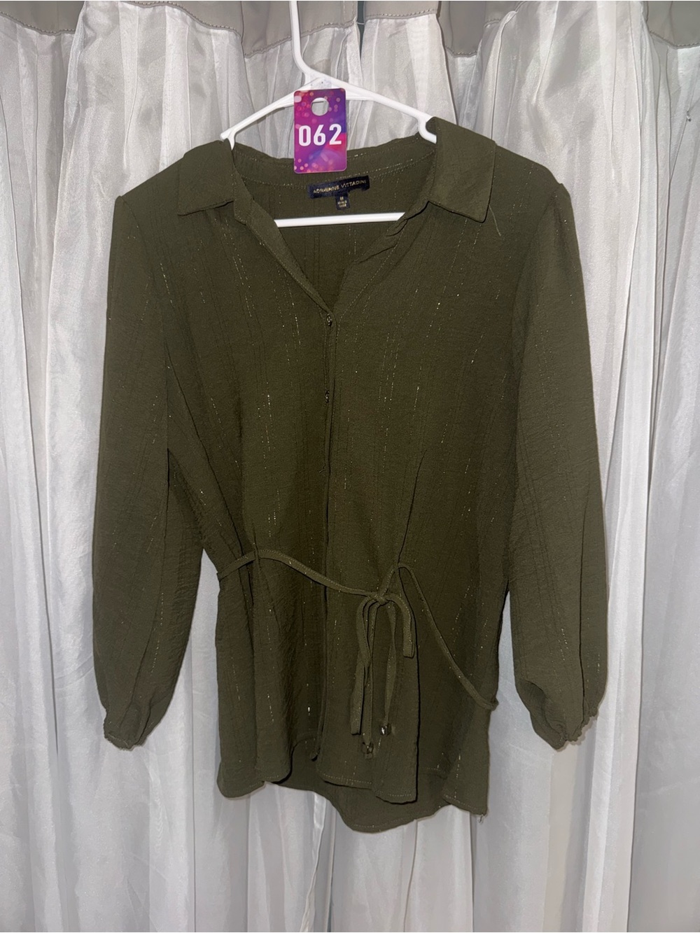 Adrienne Vittadini Olive Green Button-Front Tie-Waist Blouse